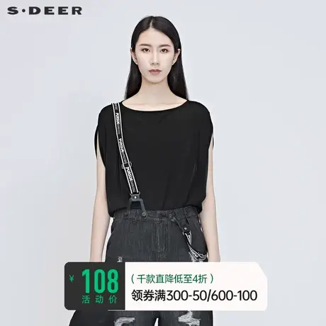 sdeer圣迪奥女短袖夏装上衣设计感小众亲肤透气黑色T恤S20280182图片