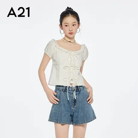 a21女装米白色短袖t恤系带蝴蝶结开衫衬衫两件套女款上衣图片