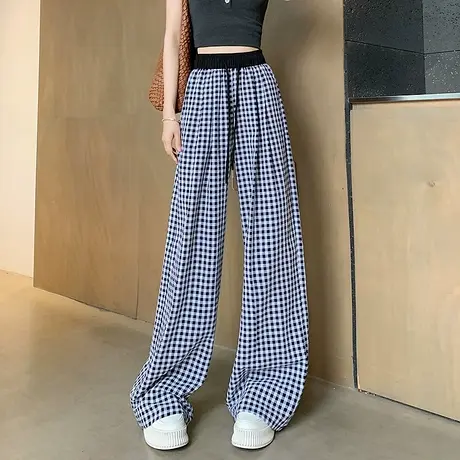 时尚气质休闲裤2025年春季新款女高腰显瘦通勤宽松直筒格子长裤商品大图
