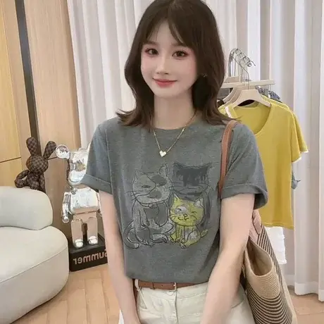 欧洲站新款时尚潮款休闲短袖套头衫宽松显瘦百搭圆领印花T恤上衣图片