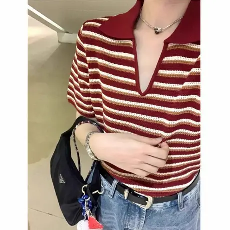 条纹针织polo衫v领正肩短袖t恤女夏季韩系设计感小众独特别致上衣商品大图