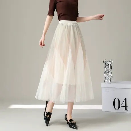 时尚气质半身裙2024年夏季新款女高腰百搭撞色休闲通勤网纱裙商品大图