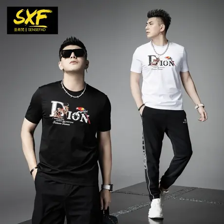 SXF圣希梵2024夏季新款短袖男 潮牌印花烫钻圆领修身上衣男士T恤商品大图