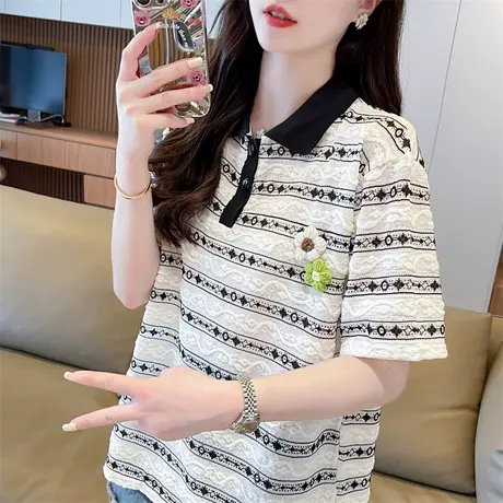 翻领polo衫短袖t恤女夏季韩版宽松大码女装设计感小众假两件上衣图片