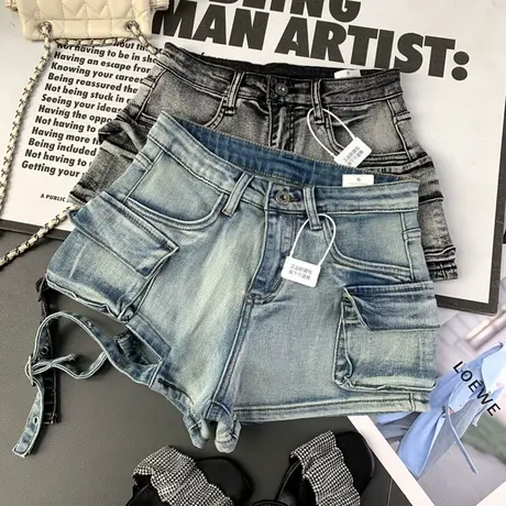 纯欲美式辣妹绑带高腰牛仔短裤女2024夏季新款水洗弹力包臀热裤潮商品大图