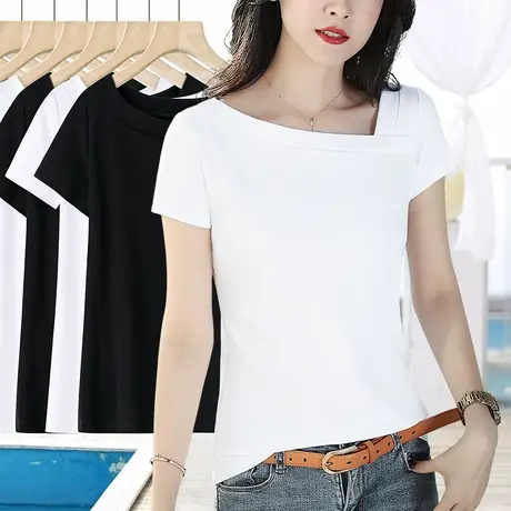 2024夏季新款白色短袖t恤女修身显瘦小个子斜领露锁骨百搭上衣服商品大图