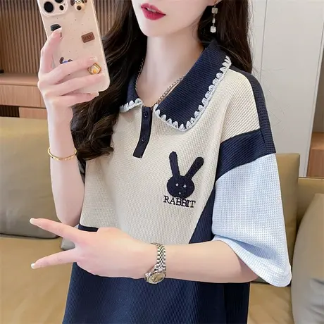 小众设计感polo领短袖t恤女夏季韩版宽松大码华夫格假两件上衣服图片