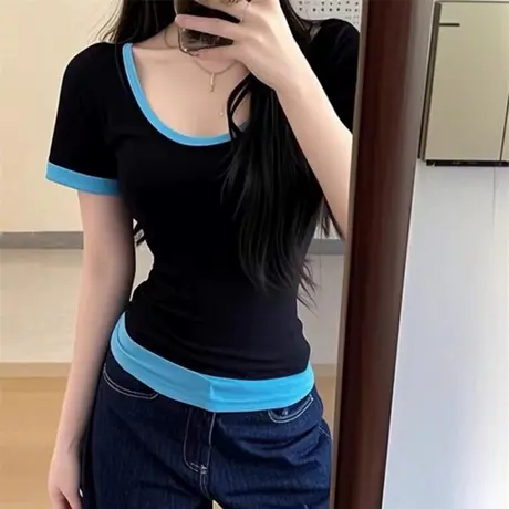 辣妹假两件短袖T恤女夏季2025新款修身韩版U领正肩紧身收腰上衣潮图片