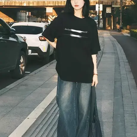 欧美高街纯棉大码超火短袖t恤女胖mm半袖体恤衫宽松上衣潮ins港风商品大图