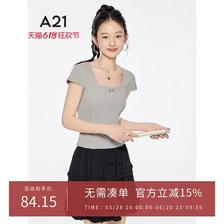 A21女装四色可选方领T恤2025夏季新款简约拼接蕾丝花边修身上衣图片