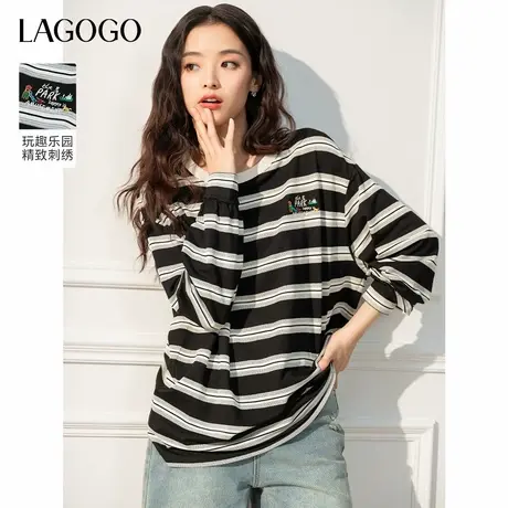 LAGOGO航海系黑白撞色条纹T恤女拉谷谷2025春新休闲宽松长袖上衣图片