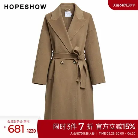 红袖outlets冬季新款女装系带双排扣翻领双面呢长大衣hopeshow图片