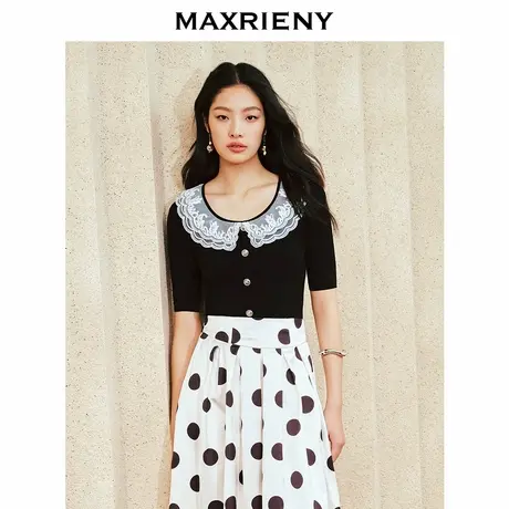 【奥莱】MAXRIENY复古赫本撞色领套头针织衫收腰上衣女装商品大图
