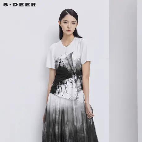 sdeer圣迪奥女夏装圆领原创水墨印花不规则T恤S21280169图片