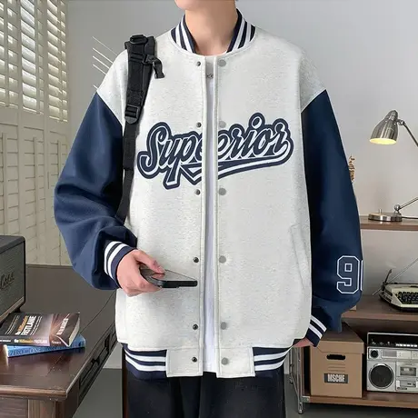 美式拼接运动夹克男春秋季新款潮牌休闲外套ins高街条纹棒球服潮图片