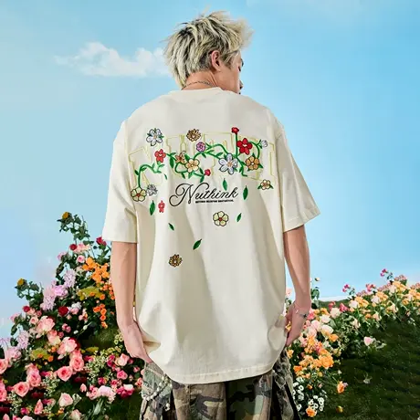 Nuthink国潮重磅花卉刺绣短袖T恤纯棉美式宽松男女情侣2025夏新款图片