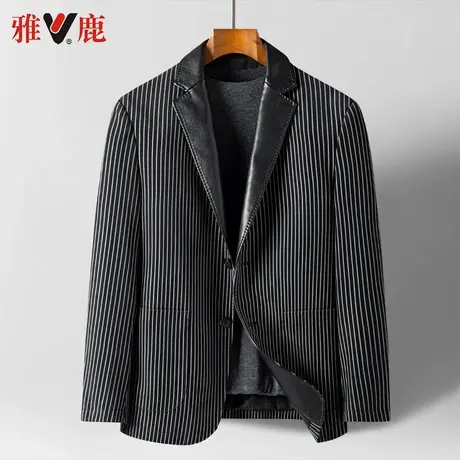 雅鹿春秋季男士皮衣西服休闲单西条纹外套男款商务休闲pu皮西装图片