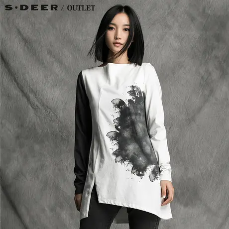 s.deer圣迪奥专柜正品泼墨晕散一字领长款T恤图片
