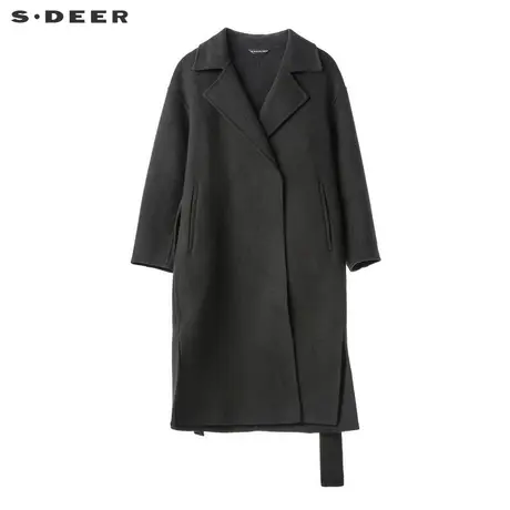 sdeer圣迪奥2018秋冬新款优雅侧边开衩腰带双面呢大衣女S18481827图片