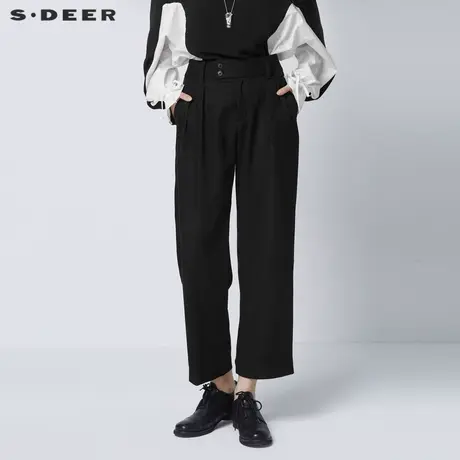 sdeer圣迪奥女装春秋装插袋压褶直筒黑色通勤阔腿裤女S21360813图片