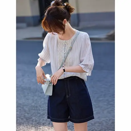 百搭夏季气质短袖衬衫女士2025夏日新品蕾丝边简约休闲T恤上衣商品大图