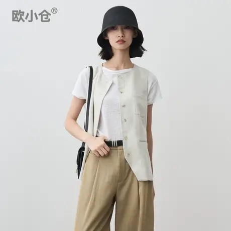 欧小仓 天丝醋酸圆领西装马甲 叠穿造型马夹中长款背心商品大图