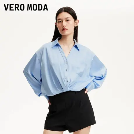 Vero Moda奥莱衬衫女2025夏季新款下摆松紧钻扣肌理感通勤宽松商品大图