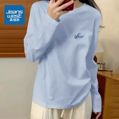 HG真维斯t恤女秋季宽松长袖上衣2025新款女士运动休闲纯棉打底衫商品大图