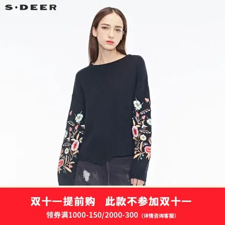 sdeer圣迪奥时尚复古刺绣图案装饰落肩袖型圆领针织衫S18483593🤵商品大图