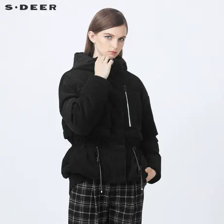 sdeer圣迪奥2021秋冬新品高领连帽收腰复古灯芯绒羽绒服S21462426商品大图