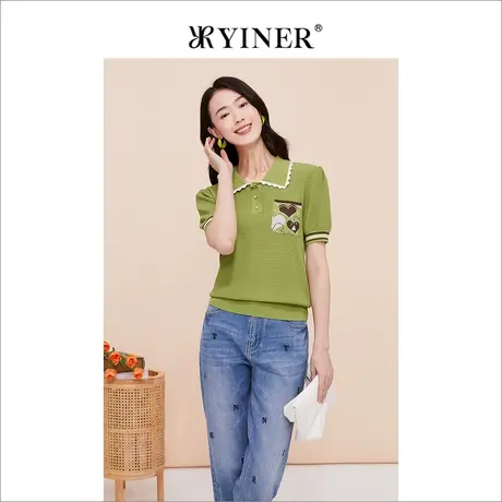 【赫本猫联名】YINER音儿专选女装夏爱心印花针织衫图片