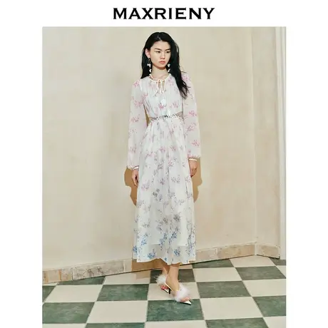 [3件8折]MAXRIENY复古优雅兰花渐变印花连衣裙女装修身显瘦商品大图