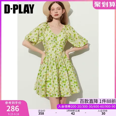 DPLAY2023夏威夷假日绿野仙踪V领泡泡袖收腰短款印花连衣裙野餐裙商品大图