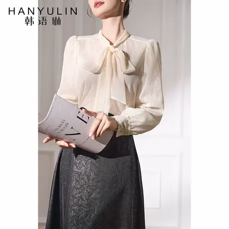 韩语琳法式蝴蝶结衬衫女高级感2025新款春秋千金风气质雪纺衫上衣商品大图