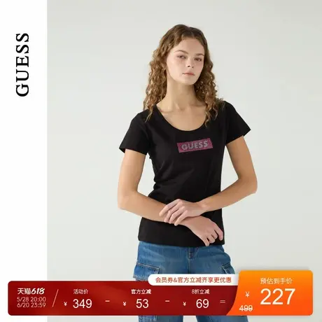 GUESS25年新款夏季女士潮酷字母LOGO镶钻U领短袖T恤-W5PP98K2Q40图片