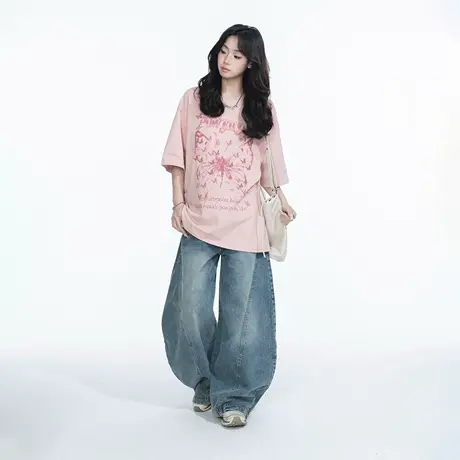 YEP2025春夏新款创意印花T恤女复古潮牌宽松设计感情侣款半袖上衣图片