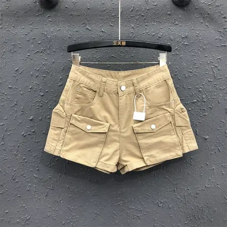 卡其色大口袋设计感休闲工装牛仔短裤女夏季新款美式甜酷A字热裤商品大图