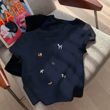 美式复古正肩圆领短袖t恤女2025新款复古修身显瘦小个子短款上衣商品大图