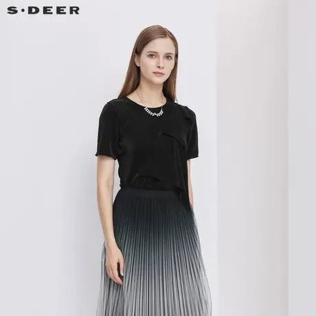 sdeer圣迪奥夏季女款圆领肌理褶皱不规则拼接短袖衬衫S21260410图片