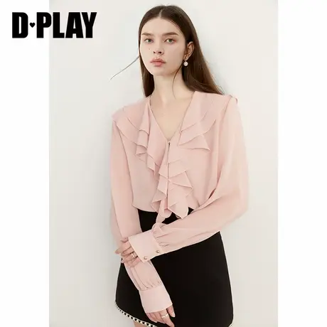 DPLAY2025秋季新款法式粉色衬衫女V领气质荷叶边长袖上衣雪纺衫商品大图