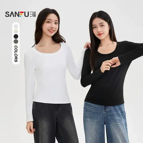 三福长T恤2025秋季U型领设计休闲修身打底衫上衣女装503967商品大图