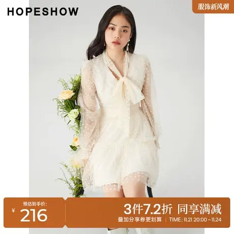 红袖outlets蝴蝶结拼接连衣裙hopeshow2022春季款蕾丝气质仙女裙图片