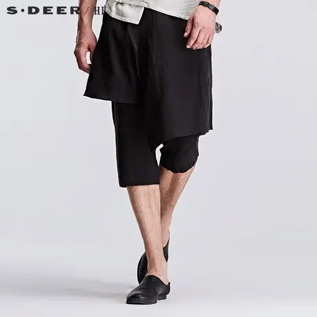 sdeerhe圣迪奥男装潮个性时尚设计感垂坠斜搭片纯黑中裤H15270728图片