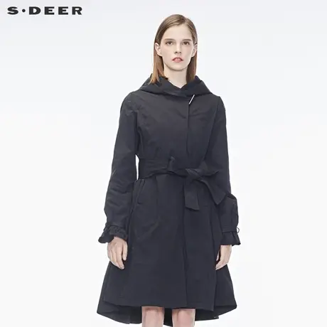 sdeer圣迪奥简约纯色斜襟暗扣A廓百褶系带连帽长款风衣S17381849图片