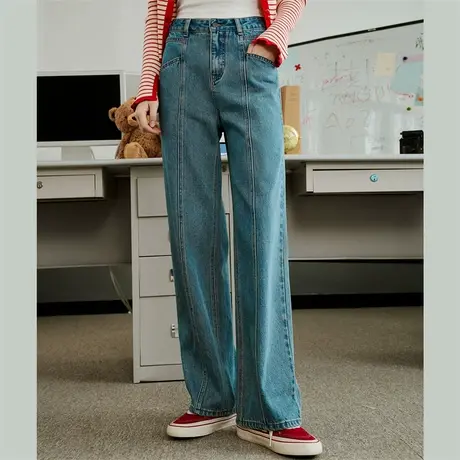 复古蓝水洗分割线设计百搭阔腿裤2025春季休闲显瘦女式牛仔裤商品大图