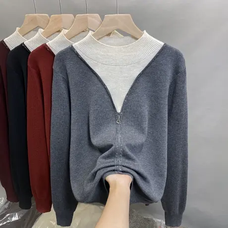 假两件半高领毛衣女打底衫2025春秋新款套头外穿针织衫内搭上衣潮商品大图