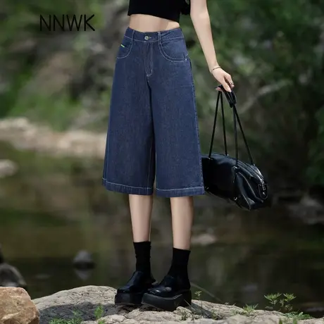 六分牛仔裤女夏天薄款美式高街阔腿裤高腰宽松五分裤网红炸街短裤商品大图