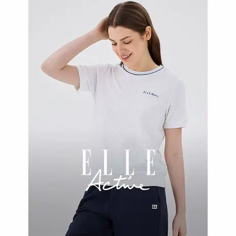 【团】ELLE Active时尚提花圆领短袖t恤女夏新款白色上衣休闲宽松商品大图