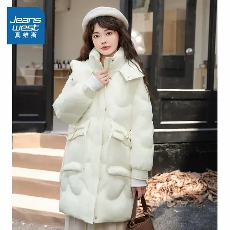 G8真维斯女装 冬季休闲保暖舒适鸭绒女连帽中长款羽绒服商品大图