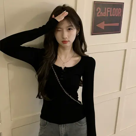 KV真维斯黑色正肩纯欲半开领 长袖t恤女2025春秋辣妹露锁骨打底衫商品大图